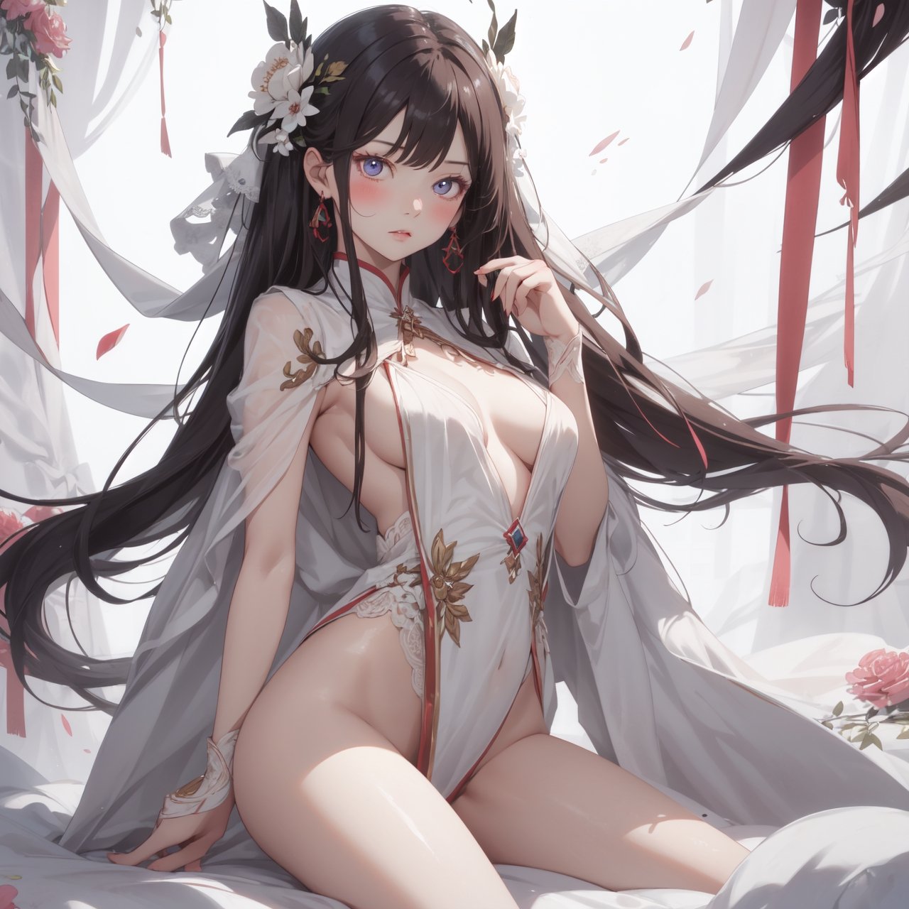 1hot girl, centered, symmetrical, full body portrait, front view, looking at viewer, Long hairs , almond-shaped eyes, Her skin is pale porcelain, contrasted by a touch of soft rosy blush on her cheeks, maximum details, perfect body, perfect anatomy,costume