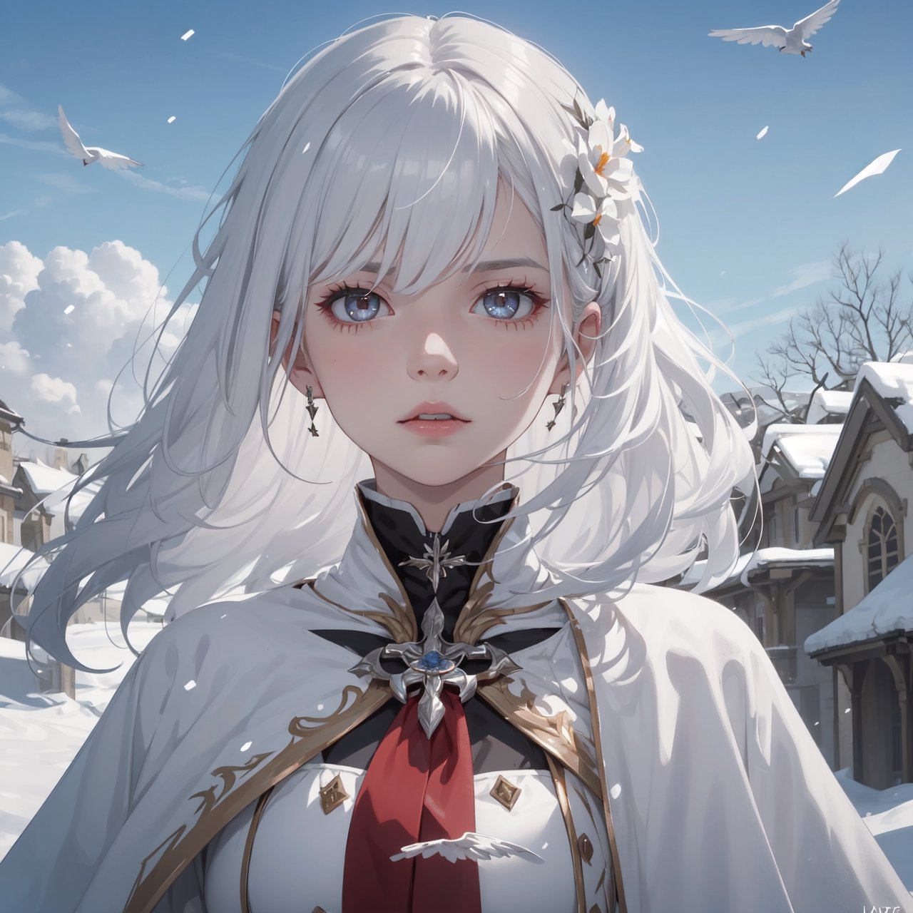 Silver hair, scarlet eyes, skin as white as snow.
A girl so beautiful it sends chills down my spine.
Silver hair blowing in the wind, Lafrenze prays for the dead...
The requiem from her tiny lips
Sing, LaFrenze, echo through eternity