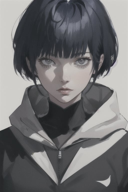 1hot woman, (Sui Ishida, ) Wojciech Siudmak abstract, (masterpiece, best quality), mafia-style, white background,black short hoodie,gray hair with black strands,Tae Takemi, facing_viewer