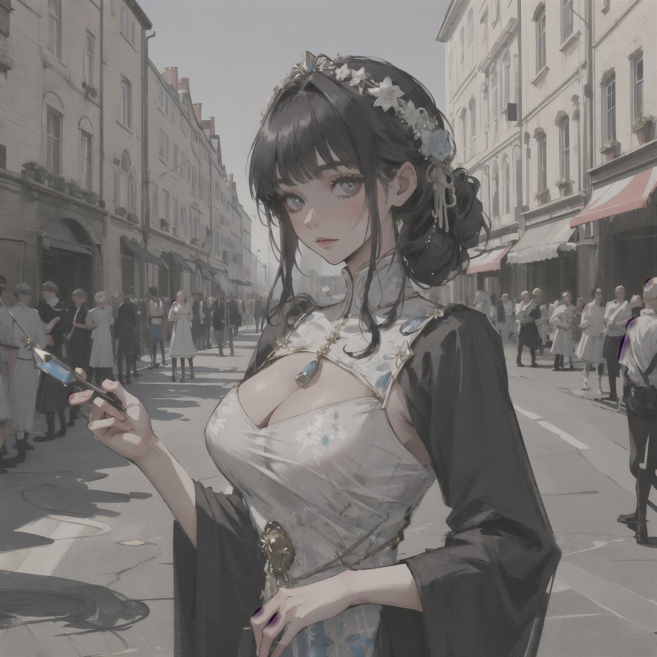 (royal, woman, highly detailed clothes adorned with laces and floral elements, luxurious laces), revealing clothes, absurdist style, portraying an elegant and strict queen in a beautiful and colorful environment full of celebration, flowers, medieval architecture and a summer street. Capturing the essence of a high quality masterpiece.