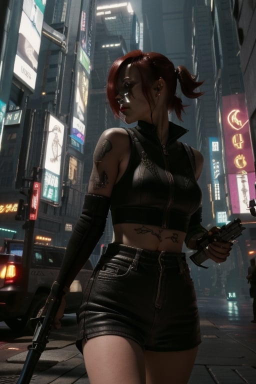 cyberpunk girl, short hair, red hair, tatoo, walking, holding_weapon,holding_object,gun,holding_item,holding_item