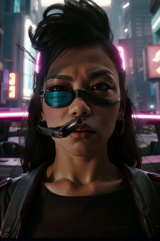 badass chick,trouble,beautiful,nasty,bad girl,attitude,full length,cyberpunk,head tilted down,eye looking up, half eyeballs,confident,neon