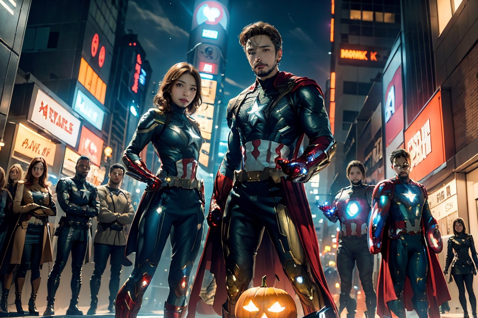 masterpiece, top-quality, top-quality, Beautifully Aesthetic:1.2, (8k, RAW photo, photorealistic:1.25), Halloween night,  Ironman, Spider-Man, Captain America, Hulk, Wanda, Ant-Man, Black Panther, Thor, Black Widow, Doctor Strange, Star-Lord, Rocket (Raccoon), Groot, Vision, Hawkeye, high detailed, (gentle smile:1.2),  
BREAK 
((The Avengers are in full force:1.5)), 
((The Avengers are Standing  in line with Fighting pose:1.2)), At the middle of very crowded Shibuya Scramble Crossing decorated with Halloween decorations at late night, (Full body shot:1.1), (From below:1.3),girl