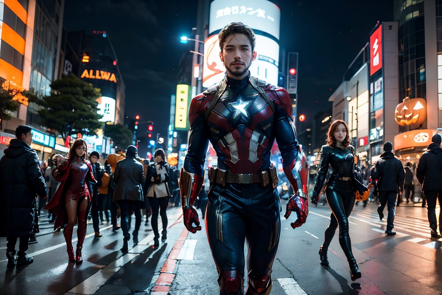 masterpiece, top-quality, top-quality, Beautifully Aesthetic:1.2, (8k, RAW photo, photorealistic:1.25), Halloween night,  Ironman, Spider-Man, Captain America, Hulk, Wanda, Ant-Man, Black Panther, Thor, Black Widow, Doctor Strange, Star-Lord, Rocket (Raccoon), Groot, Vision, Hawkeye, high detailed, (gentle smile:1.2),  
BREAK 
((The Avengers are in full force:1.2)), 
((Walking At the middle of very crowded Shibuya Scramble Crossing decorated with Halloween decorations at late night:1.2)), (Full body shot:1.1), (From below:1.3),