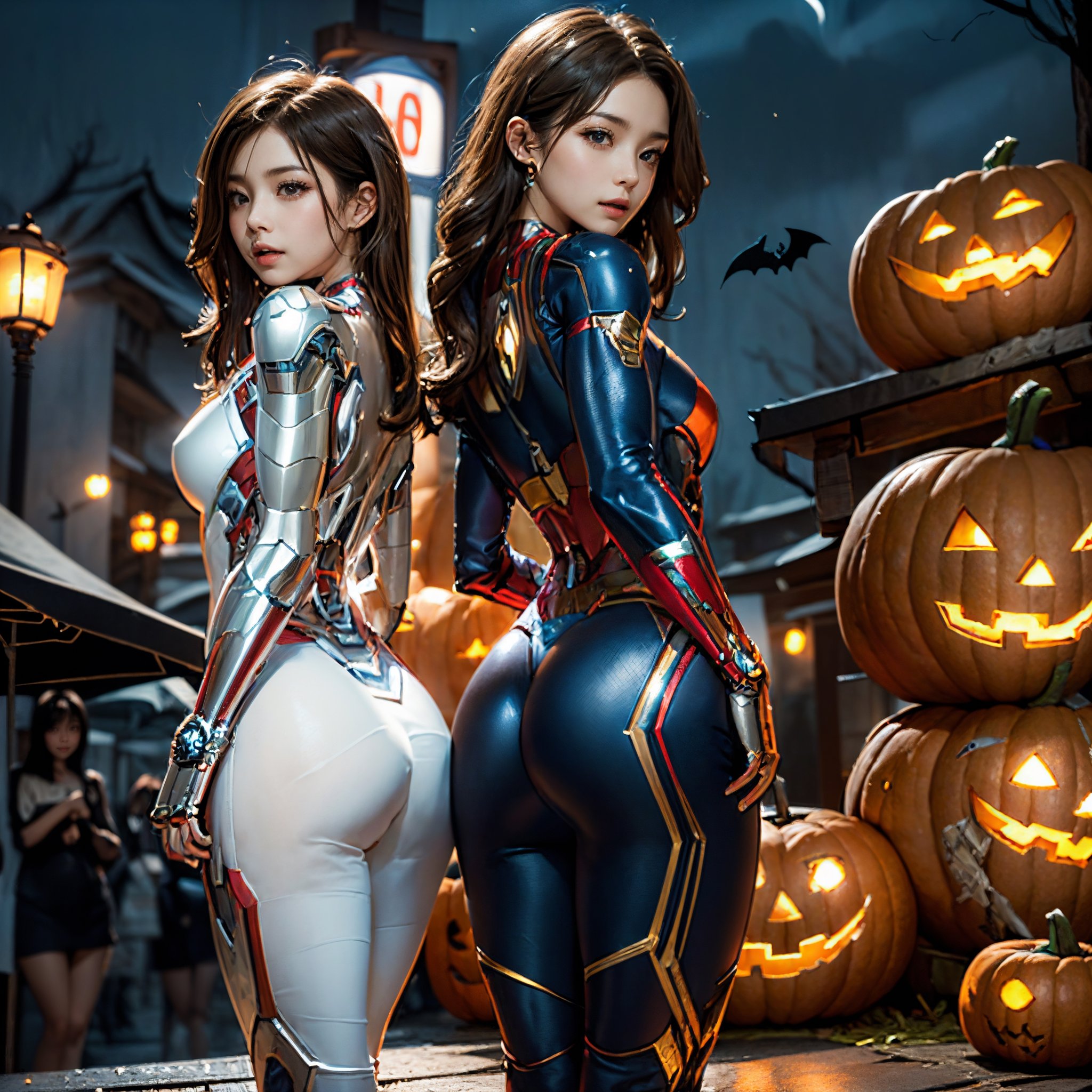 masterpiece, top-quality, top-quality, Beautifully Aesthetic:1.2, ((Three girls:1.2)), Halloween night, 
((Left girl is Wearing a high-quality Gold Iron man suit:1.2)), high detailed, 
((Middle girl is Wearing a high-quality Blue Iron man suit:1.2)), high detailed, 
((Right girl is Wearing a high-quality White Iron man suit:1.2)), high detailed, 
large breasts, firm breast, nicely shaped breasts, slender figure, 
((Dark Brown Hair)), wavy hair, ((medium long hair:1.2)), 
BREAK 
(Standing with reaching out:1.2), (Take the stage with Avengers cosplayer girls of Halloween contest:1.3), 
((in front of station of decorated for Halloween in Shibuya at late night:1.3)), (Full body shot:1.2), (From below:1.2), ((back view:1.2)), ((looking at viewer:1.2)),