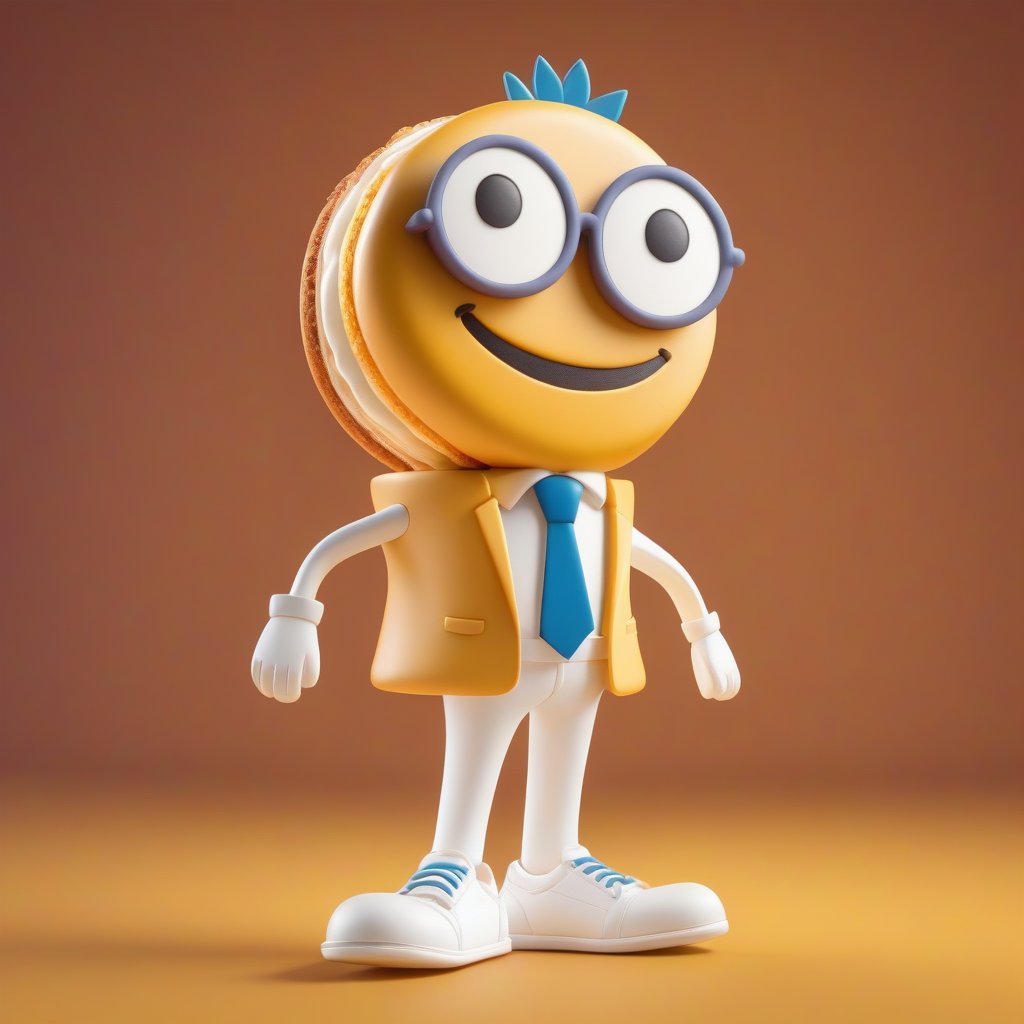 character design 3D, fullbody of stick French macaron , with a face and hair made of French macaron   with beautiful smiling eyes, happy cute, arms and legs from finger French macaron, wearing a suit made of cheese and white shoes made of white leather, In the style of pixar , 8k --stylize 200 