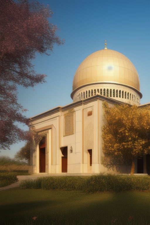 Arabic building with a dome  , trees 