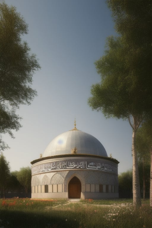 Arabic building with a dome, trees, flowers (innocent grey) 