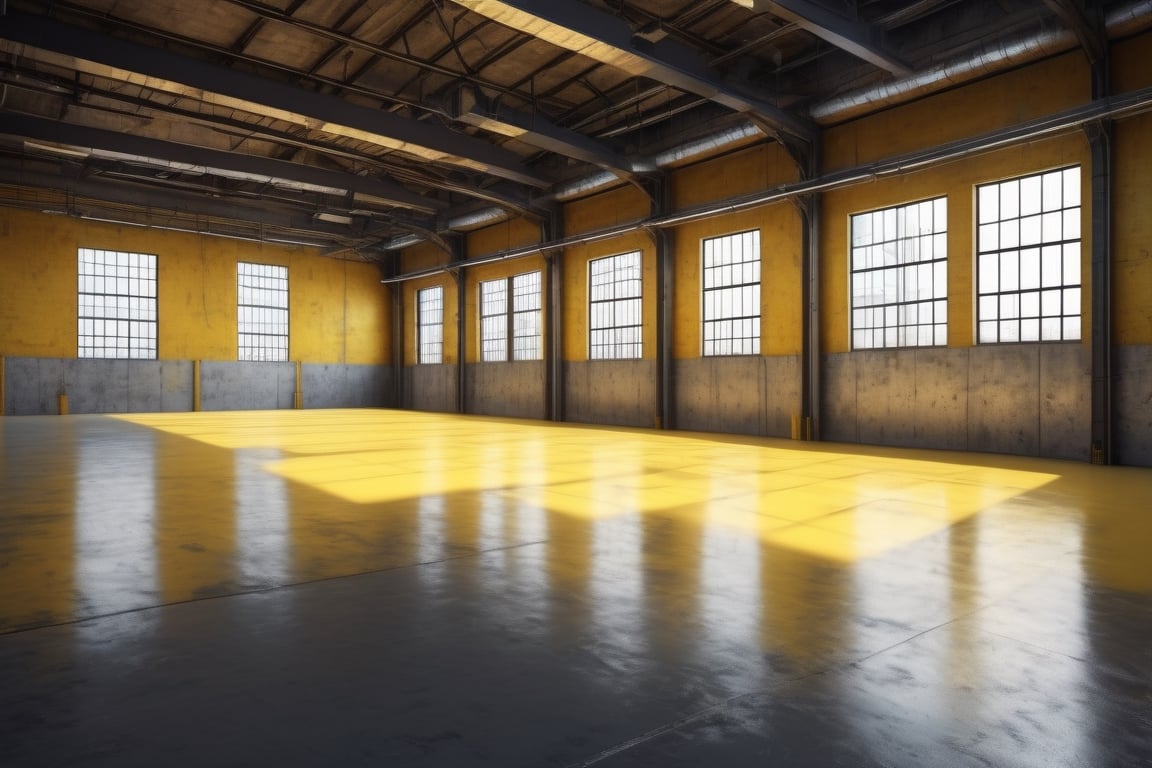 back wall of an empty industrial warehouse with very well polished floors, and floor delimiting industrial yellow marks and white LED lamps,, illustration, cover art, front side, subsurface scattering, transparent, translucent skin, glow, Bioluminescent ,3d style,Cyberpunk style, Movie Still, Leonardo Style, vibrant, volumetric light, wide angle shot, fractal background