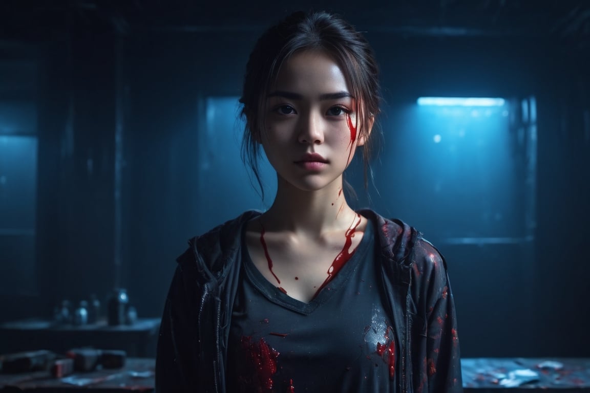 potrait of a girl standing on dark room, emotionless, dark room, torn clothes, blood, blood splash, knife on table, long_shot, from bellow, horror scenary , illustration, cover art, front side, subsurface scattering, transparent, translucent skin, glow, Bioluminescent ,3d style,Cyberpunk style, Movie Still, Leonardo Style, cool colors, vibrant, volumetric light, wide angle shot, fractal background