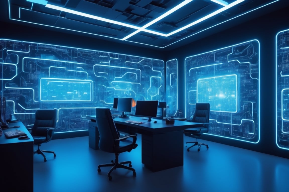 programmers office and white LED lamps,, illustration, cover art, front side, subsurface scattering, transparent, translucent skin, glow, Bioluminescent ,3d style,Cyberpunk style, Movie Still, Leonardo Style, vibrant, volumetric light, wide angle shot, fractal background