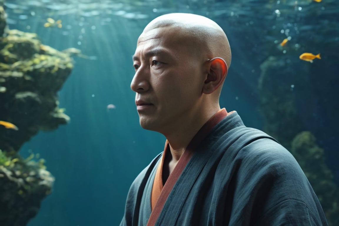 (((Perfect Face))), (((masterpiece))), (((best quality))), ((ultra-detailed)), (highly detailed CG illustration),  cinematic light, monk meditation underwater with eyes closed, profile view, ((realistic hair)), (standing), science fiction, extreme detailed, colorful, highest detailed, trousers, Movie Still,washitsu