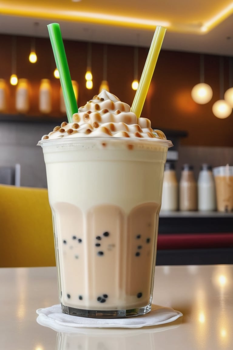 tasty cup of bubble milk tea, brocoli toppings in the drink, photographic masterpiece, absurd resolution, high resolution, ultra detailed, spontaneous creativity, cinematic lightings, background (hotel lounge) 