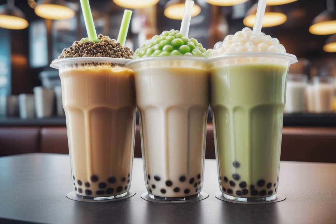 High angle POV, tasty cup of bubble milk tea slightly overflowing, brocoli toppings in the drink, photographic masterpiece, absurd resolution, high resolution, ultra detailed, spontaneous creativity, cinematic lightings, background (futuristic lobby lounge)