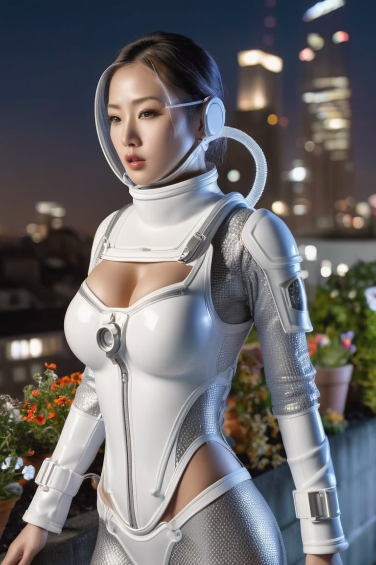 Celestial knight wearing a platinum oxygen mask posing on a rooftop garden at night, absurd resolution, high resolution, ultra detailed, energetic movement, bold colors, dynamic texture, highly detailed artistic, cinematic lightings, 34C breasts, exposing her breasts to the Viewer, beautiful skin, transparent suit, Asian skin, realistic skin, white ceramic armor