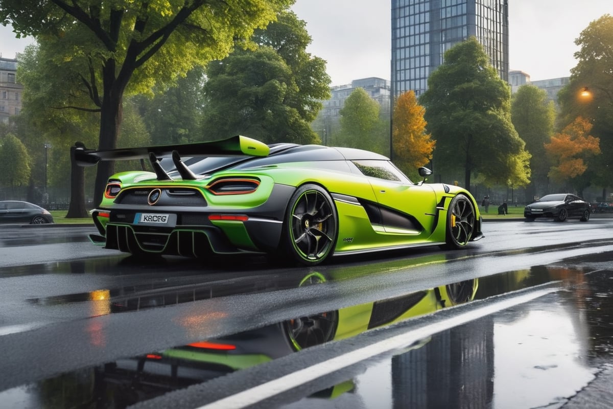 exhibit the Koenigsegg Jesko on wet roads, clean lines, absurd resolution, high resolution, ultra detailed, spontaneous creativity, dark black matte sunny orange body kit, cinematic lighting, realistic reflections, background (city park)