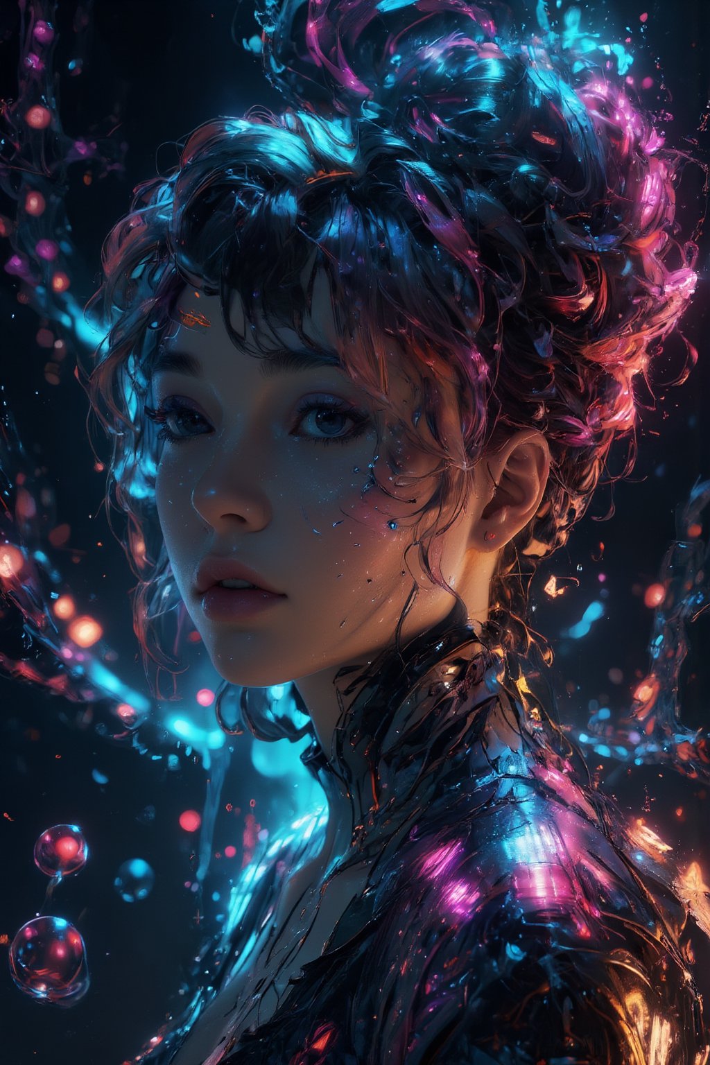 (best quality), (realistic, photo-realistic:1.3), (masterpiece:1.3), anime style, CG, unity, 8k, amazing, finely detail, ultra-detailed, highres, absurdres, ((ultra-detailed)), ((highly detailed CG illustration)), ((an extremely delicate and beautiful)), (cute delicate face), cinematic light, cinematic compotision, best shadow, extremely detailed eyes and face, beautiful detailed nose, beautiful detailed hand, beautiful detailed eyes. A mesmerizing portrait of a stunning girl with vibrant multicolored hair and piercing eyes, her full figure radiating confidence as she gazes directly at the viewer from amidst a swirling vortex of inky stars. Passion smile. The air is filled with dynamic movement, as if passion itself has taken physical form, pouring forth like ink rain. In the background, very many beautiful sky blue and dark purple flowers, delicate bubbles of ink suspend, adding an air of whimsy to this masterfully crafted digital artwork, showcasing the artist's exceptional skill and attention to detail.