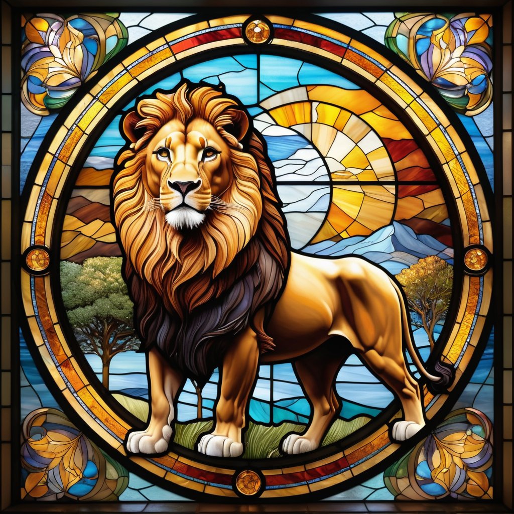 (masterpiece:1.2, highest quality), (realistic, photo_realistic:1.9), ((Photoshoot))
an image of a lion and unicorn on a stained glass window, in the style of colorful moebius, light amber, elaborate landscapes, datamosh, expansive, hurufiyya,(Circle:1.4)
8k, UHD, high quality, frowning, intricate detailed, highly detailed, hyper-realistic