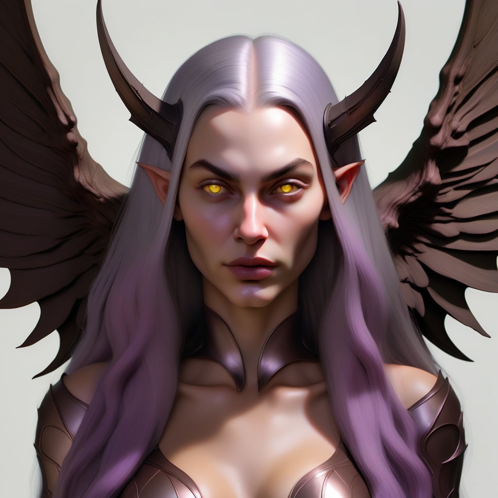 diablo;  big nose; round ears; pointed chin; yellow eyes; red iris; human;  small brown horns; kiss; female; youth; long silver hair; round checks; long face; collar bone; bare shoulders; bare arms bronze bra; fair skin; mauve lips; looking right; devil wings; light from below