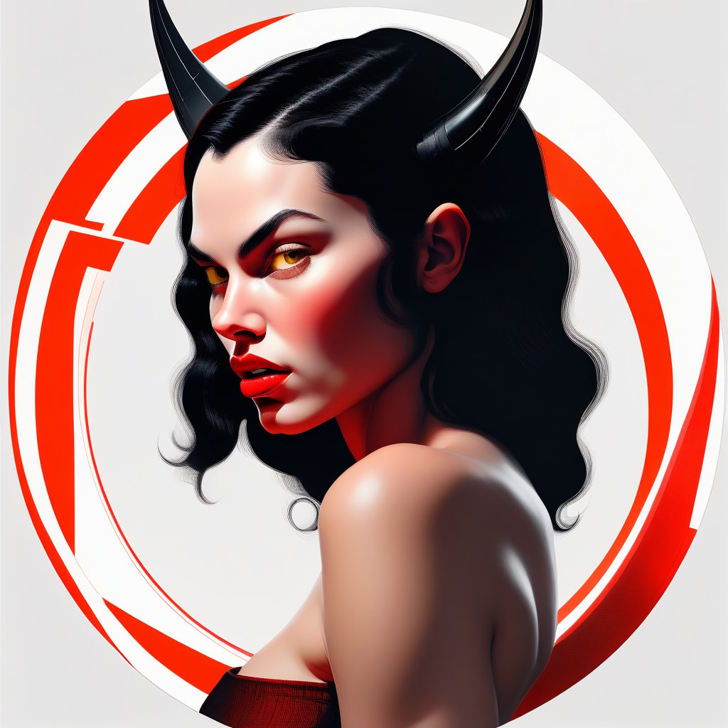 devil woman;  lust; big nose; round ears; pointed chin; yellow eyes;  human;  pout; female; youth; black hair; round checks; long face; collar bone; bare shoulders; bare arms; fair skin; red lips; looking right; white background; three-quarter view; realistic;  circular frame
