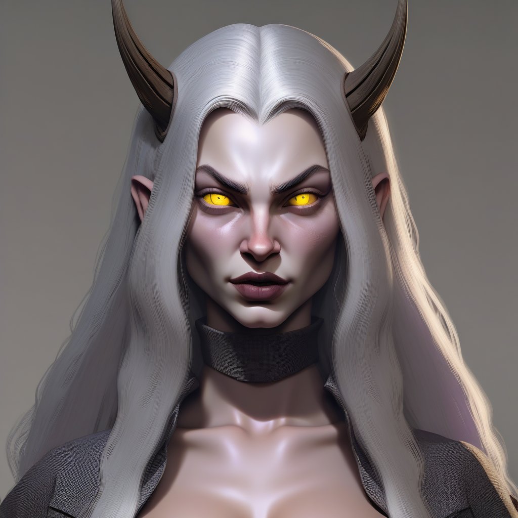 diablo;  big nose; round ears; pointed chin; yellow eyes; human;  tiny horns; scream; female; youth; long silver hair; round checks; long face; collar bone; bare shoulders; bronze bra; fair skin; mauve lips