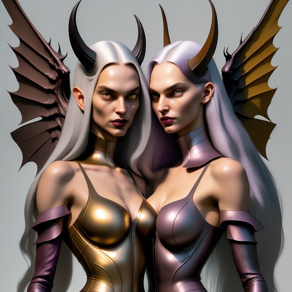 diablo;  big nose; round ears; pointed chin; yellow eyes; red iris; human;  small brown horns; kiss; female; youth; long silver hair; round checks; long face; collar bone; bare shoulders; bare arms bronze bra; fair skin; mauve lips; looking right; devil wings; light from below