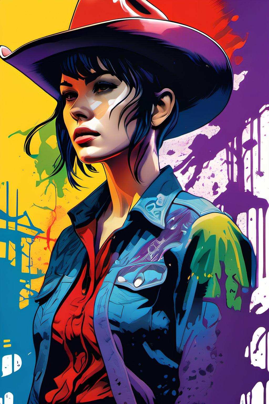 (Masterpiece:1.2), ((intricate details)), cover art, chaos, , 1 cowgirl, european girl, short hair, black hair, bangs, hair on forehead, high quality, (red, blue, yellow, purple, green ink), ((front view)), face dripping, clothes dripping, ink dripping, (addnet weight 1:1.0), (double exposure), ink scenery