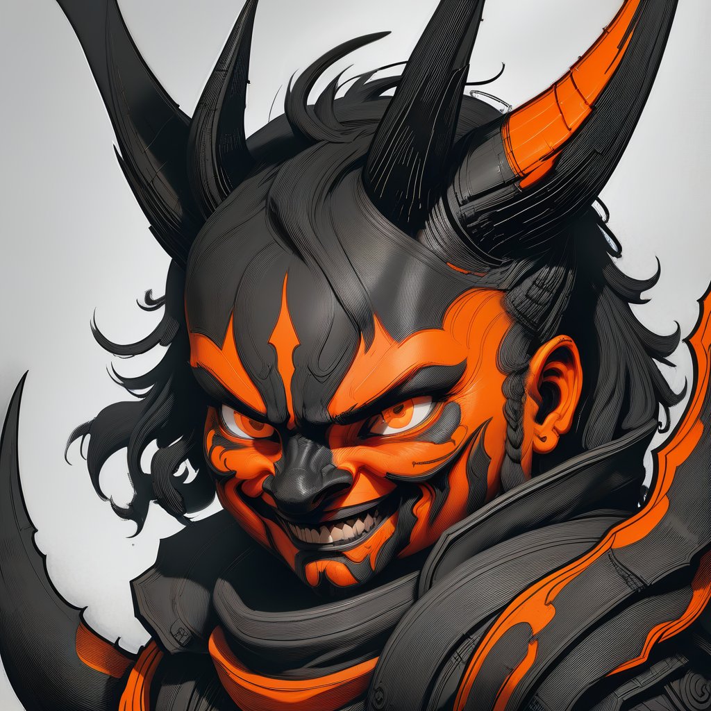 diablo;  big nose; ears; pointed chin; orange eyes; human; winds; small horns; smile; female; ; black and white hair; round face; 