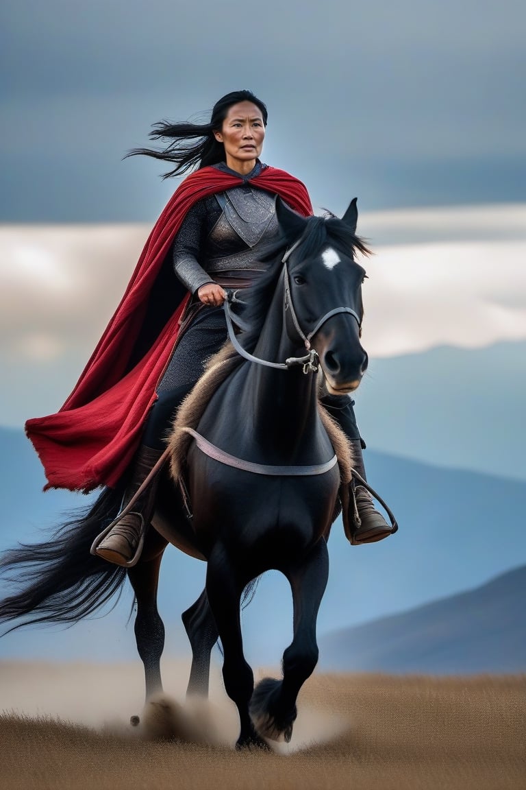 A full length portrait of a female cosack warrior riding a black horse across the the steppes of Asia, High cheek bones, grey eyes, determined and  fierce look on her face. Leather armour carrying a lance, red cloak billowing behind her. Pale blue mountains in the distance below a translucent sky.  Movie Still,inst4 style,photo r3al