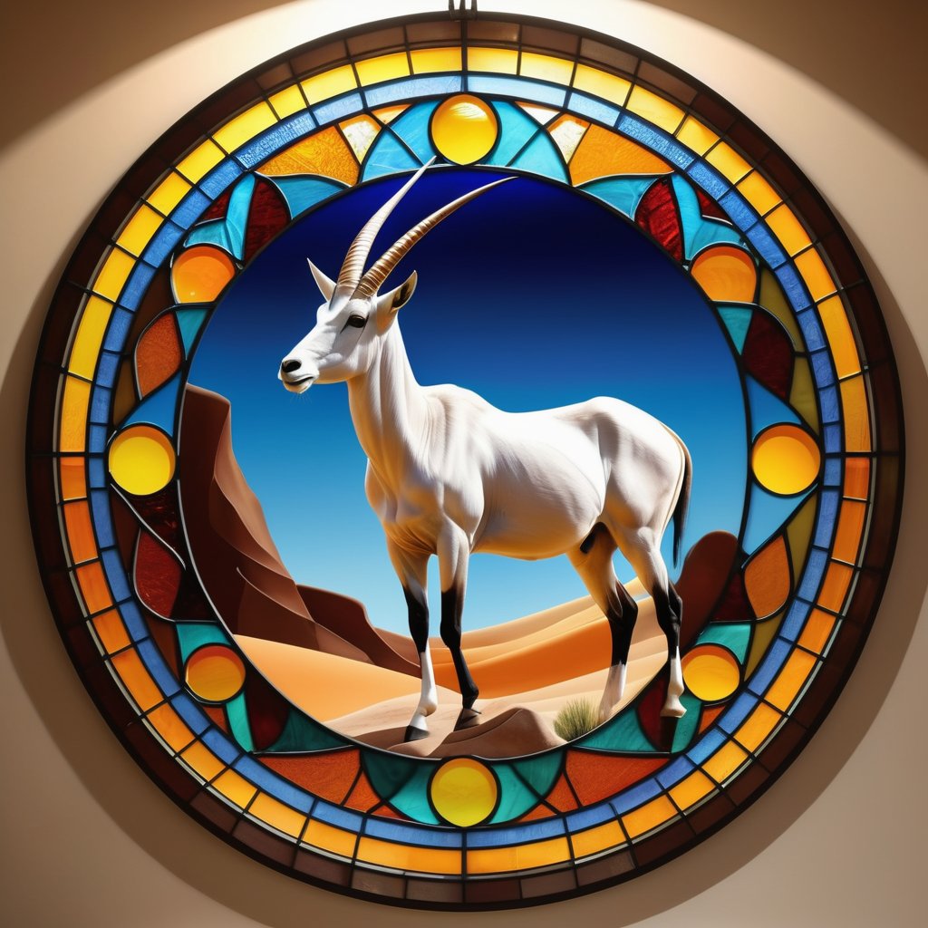 (masterpiece:1.2, highest quality), (realistic, photo_realistic:1.9), ((Photoshoot))
an image of an arabian oryx on a stained glass window, in the style of colorful moebius, light amber, elaborate landscapes, datamosh, expansive, hurufiyya,(Circle:1.4)
8k, UHD, high quality, frowning, intricate detailed, highly detailed, hyper-realistic