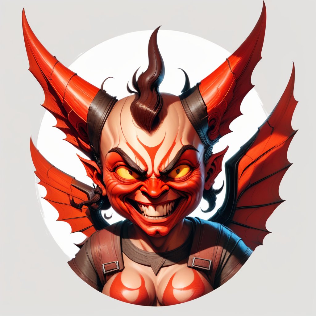 diablo;  big nose; ears; pointed chin; red iris, yellow eyes; human; winds; small horns; laughing; female; ; brown hair; round checks, long face; devil wings; transparent clothing