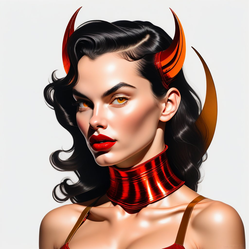 devil woman;  lust; big nose; round ears; pointed chin; yellow eyes;  human;  small brown horns; kiss; female; youth; black hair; round checks; long face; collar bone; bare shoulders; bare arms bronze bra; fair skin; red lips; looking right; white background; three-quarter view