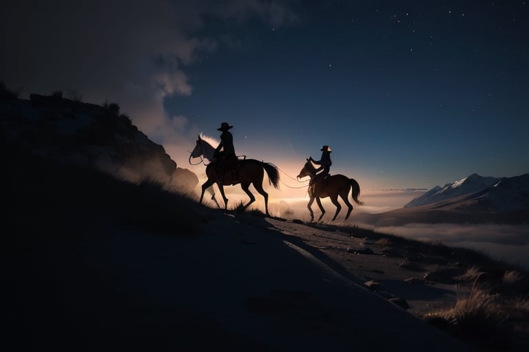 Silhouette of two cowboys riding across a barren prairee into the  cold, misty moonlit night. Low hills in background.