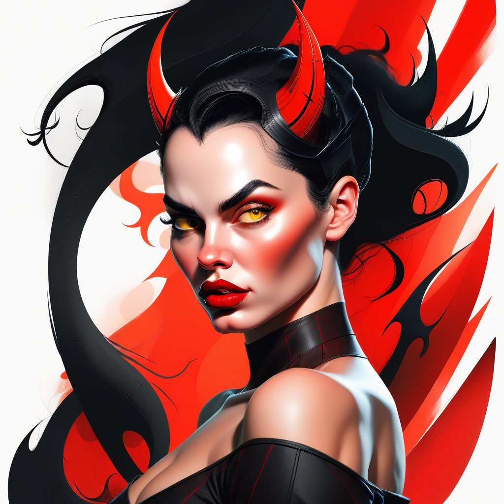 devil woman;  lust; big nose; round ears; pointed chin; yellow eyes;  human;  pout; female; youth; black hair; round checks; long face; collar bone; bare shoulders; bare arms; fair skin; red lips; looking right; white background; three-quarter view; realistic; 