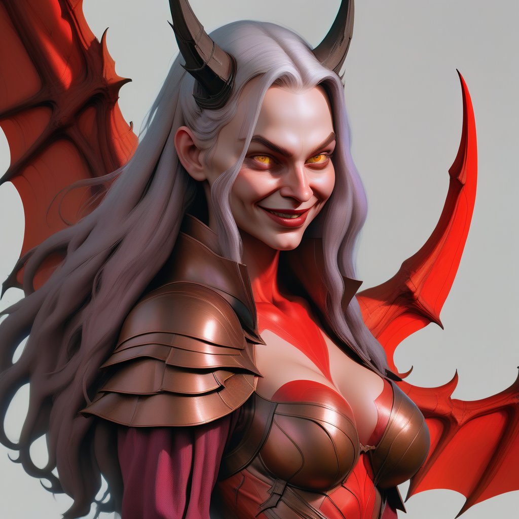 diablo;  big nose; round ears; pointed chin; yellow eyes; red iris; human;  small brown horns; smile; female; youth; long silver hair; round checks; long face; collar bone; bare shoulders; bare arms bronze bra; fair skin; mauve lips; looking right; devil wings; light from below