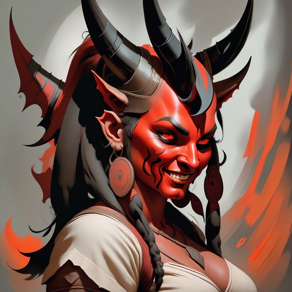 diablo;  big nose; ears; pointed chin; red eyes; human; winds; horns; smile; female; 