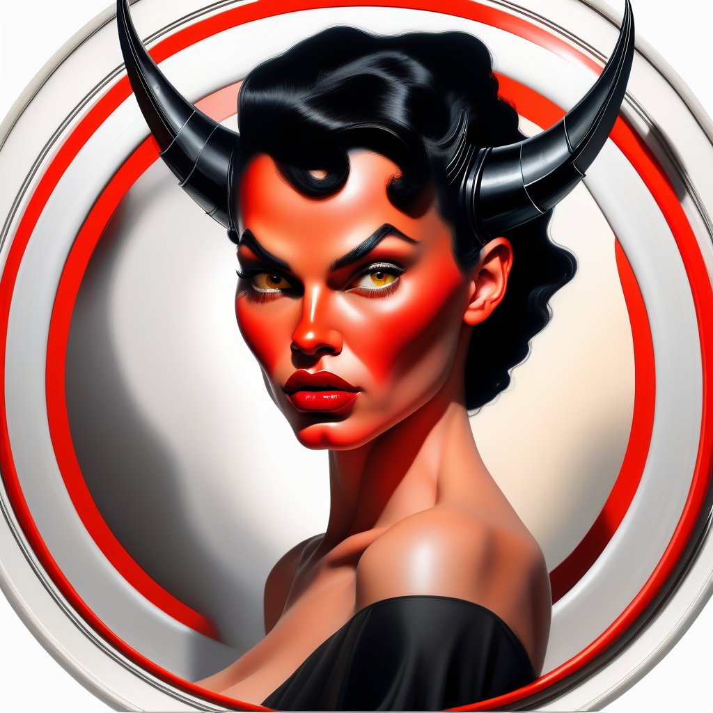 devil woman;  lust; big nose; round ears; pointed chin; yellow eyes;  human;  pout; female; youth; black hair; round checks; long face; collar bone; bare shoulders; bare arms; fair skin; red lips; looking right; white background; three-quarter view; realistic;  circular frame
