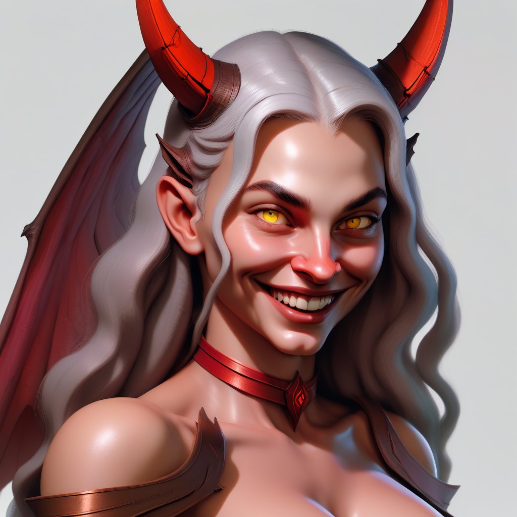 diablo;  big nose; round ears; pointed chin; yellow eyes; red iris; human;  small brown horns; smile; female; youth; long silver hair; round checks; long face; collar bone; bare shoulders; bare arms bronze bra; fair skin; mauve lips; looking right; devil wings