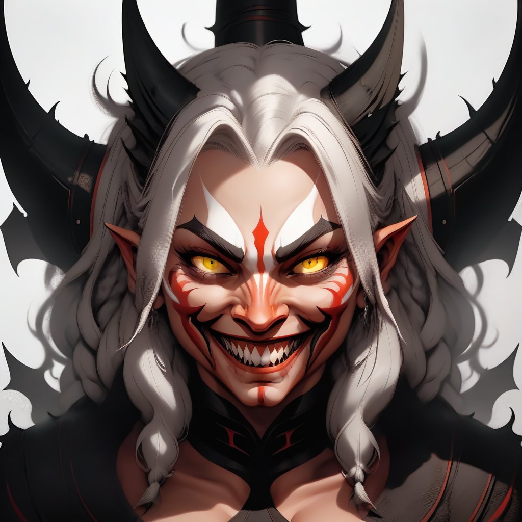 diablo;  big nose; ears; pointed chin; yellow eyes; human; winds; horns; smile; female; fangs; white hair; round face