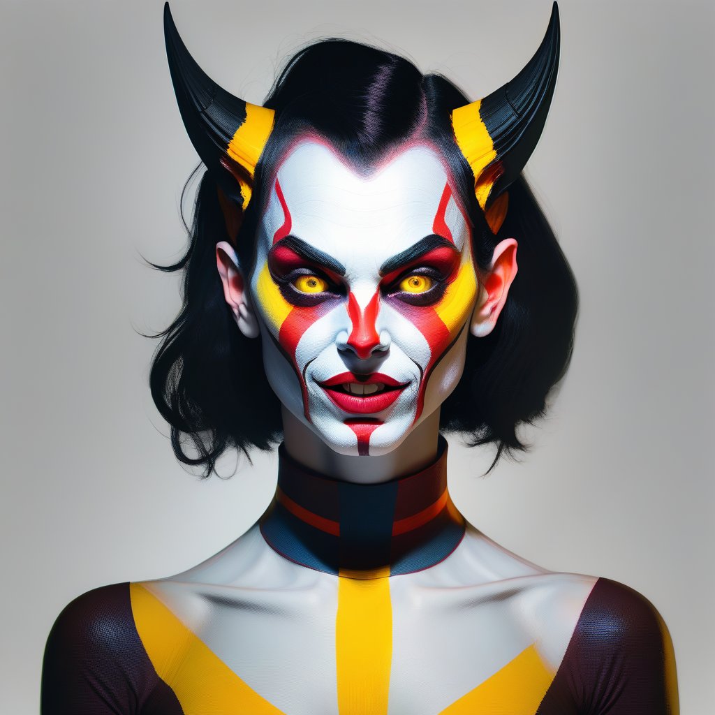 Devilr;  lustful; colourful; big nose; round ears; pointed chin;  glowing yellow eyes; human; small horns; long tongue; female; dark hair; round checks; long face; collar bone; bare shoulders, white background