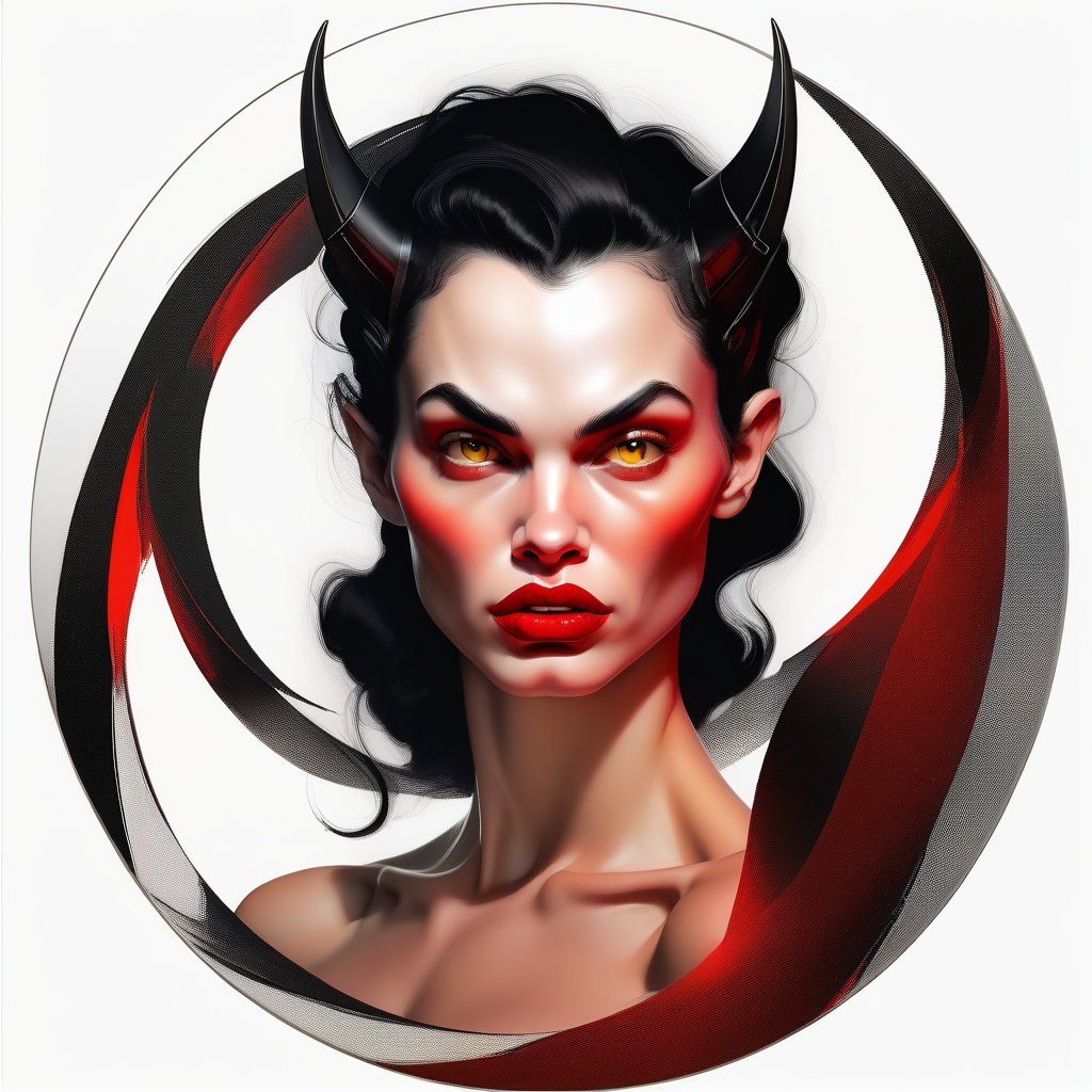 devil woman;  lust; big nose; round ears; pointed chin; yellow eyes;  human;  pout; female; youth; black hair; round checks; long face; collar bone; bare shoulders; bare arms; fair skin; red lips; looking right; white background; three-quarter view; realistic;  circular frame
