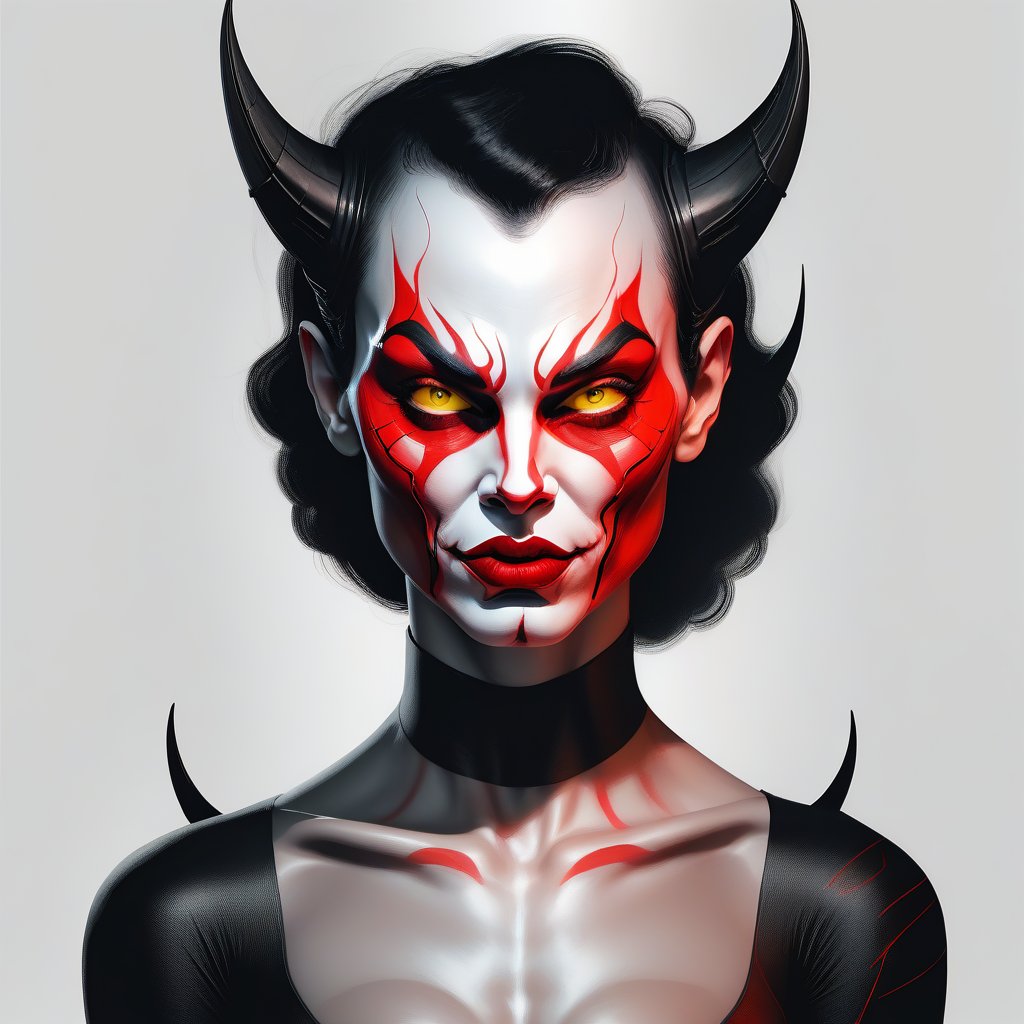 Devil woman  lustful; fair skin; big nose; round ears; pointed chin;  glowing yellow eyes; human; small horns; red lips, long tongue sticking up to nose; female; dark hair; round checks; long face; collar bone; bare shoulders, fair skin; white background