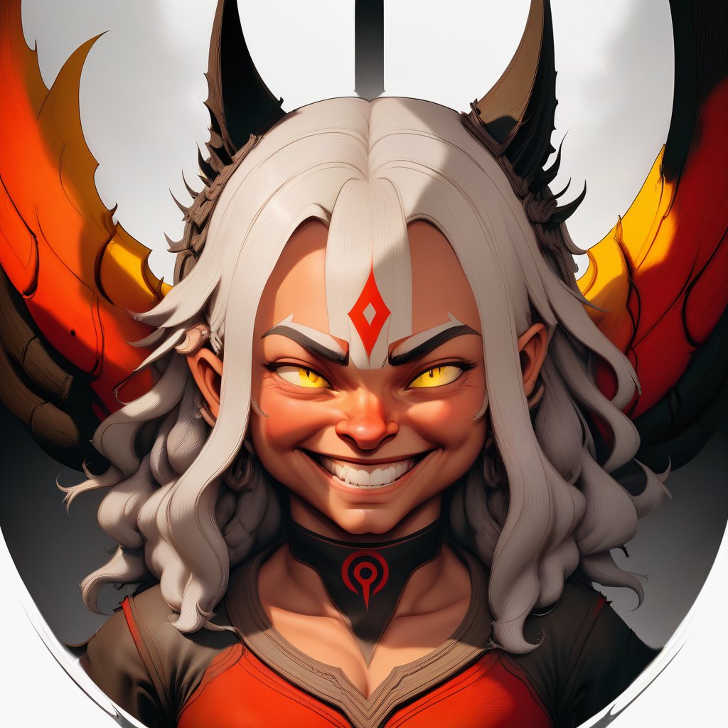 diablo;  big nose; ears; pointed chin; yellow eyes; human; winds; small horns; smile; female; ; white hair; round face