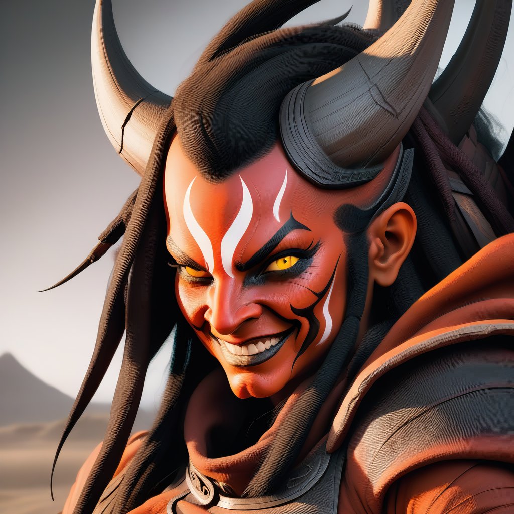 diablo;  big nose; ears; pointed chin; yellow eyes; human; winds; horns; smile; female; 