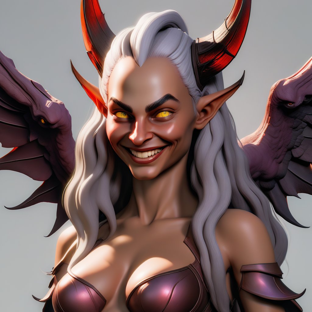 diablo;  big nose; round ears; pointed chin; yellow eyes; red iris; human;  small brown horns; smile; female; youth; long silver hair; round checks; long face; collar bone; bare shoulders; bare arms bronze bra; fair skin; mauve lips; looking right; devil wings; light from below