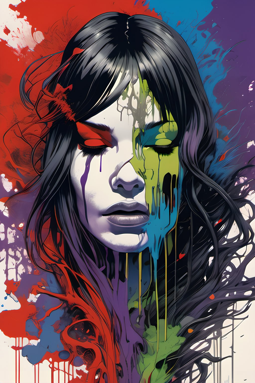 (Masterpiece:1.2), ((intricate details)), cover art, chaos, , 1girl, european girl, long hair, black hair, bangs, hair on forehead, high quality, (red, blue, yellow, purple, green ink), ((front view)), face dripping, clothes dripping, ink dripping, (addnet weight 1:1.0), (double exposure), ink scenery, nude, cleavage, sly grin, high checkbones, facing forward