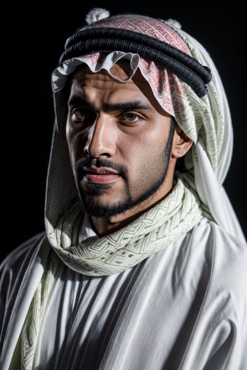  Muslim guy, with a white saudi cloth, saudi Shemagh on the head, standing, in dubai, complementary color grading, commercial photography, commercial lighting, photography, realistic