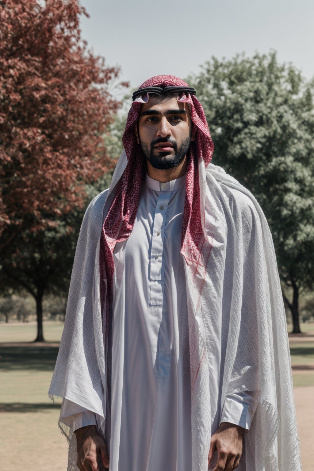 Muslim guy, with a white saudi cloth, red saudi Shemagh on the head, standing, in the park, complementary color grading, commercial photography, commercial lighting, photography, realistic