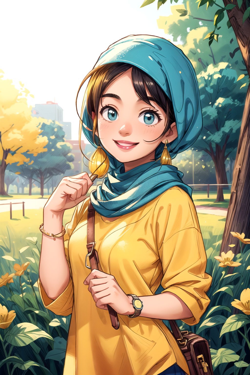 smiling Muslim woman, with a yellow shirt and blue hejab, she squares her hand, standing, in the park, complementary color grading, commercial photography, commercial lighting, photography, realistic