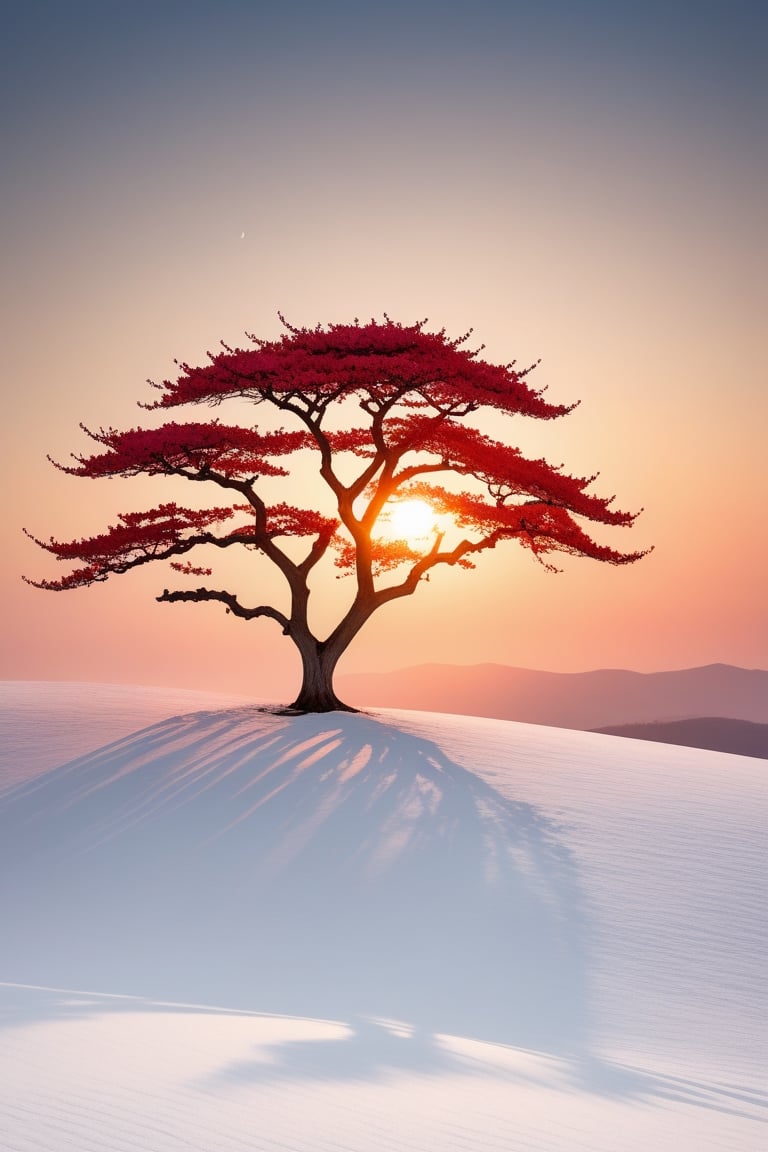 A captivating conceptual photograph featuring a solitary sakura tree dominating a pristine white hill, with a vibrant red sun piercing through a monochromatic sky. The minimalist composition accentuates the tree's delicate beauty and the striking contrast between the white landscape and the warm, glowing sun. The scene evokes a sense of tranquility and serenity, while the sun's rays illuminate the sakura tree, highlighting its ethereal charm., conceptual art, photo